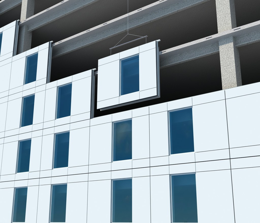 MiTek Onewall Engineered Systems Products - 3D render of a Onewall unit being hoisted into place on a high-rise building